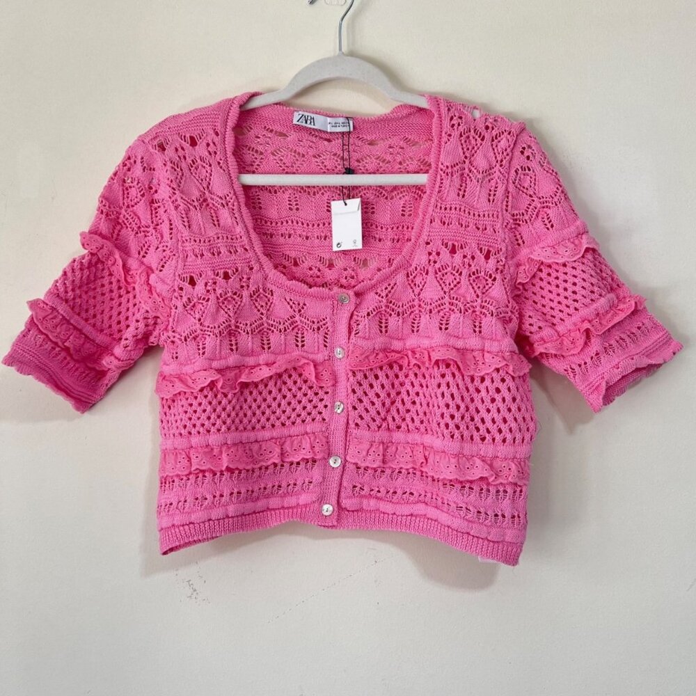 NEW ZARA Pink Cotton Knit Crochet Crop Top: Cottagecore Cardigan - Picture 9 of 16